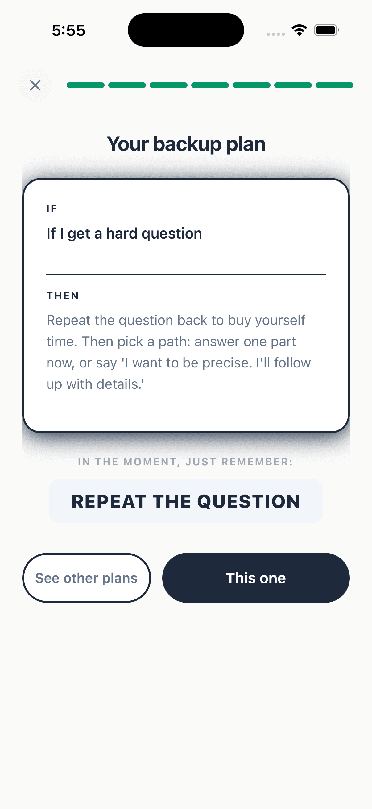 Primo app: Backup Plan Builder showing if-then contingency planning for hard questions