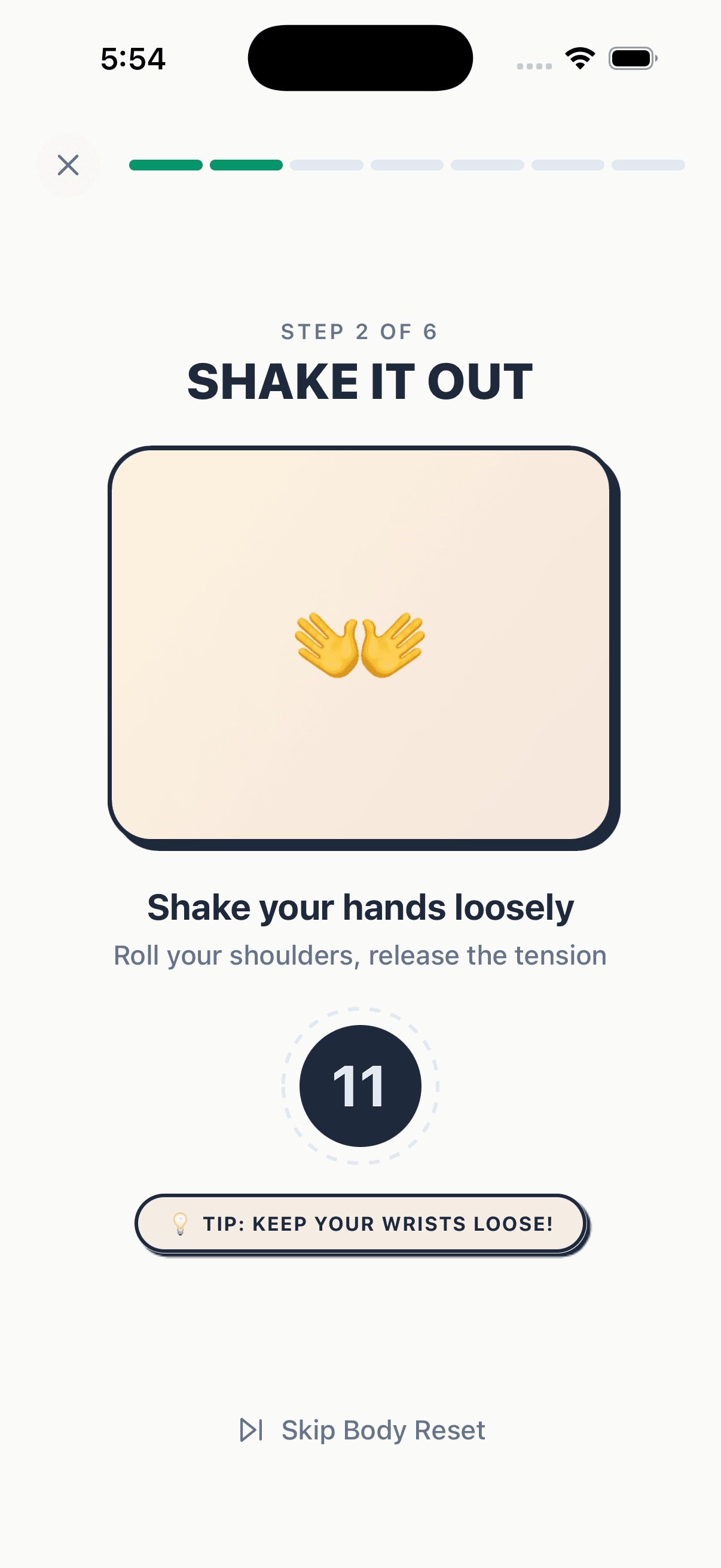 Primo app: Shake It Out exercise — step 2 of 8 with timer and instructions