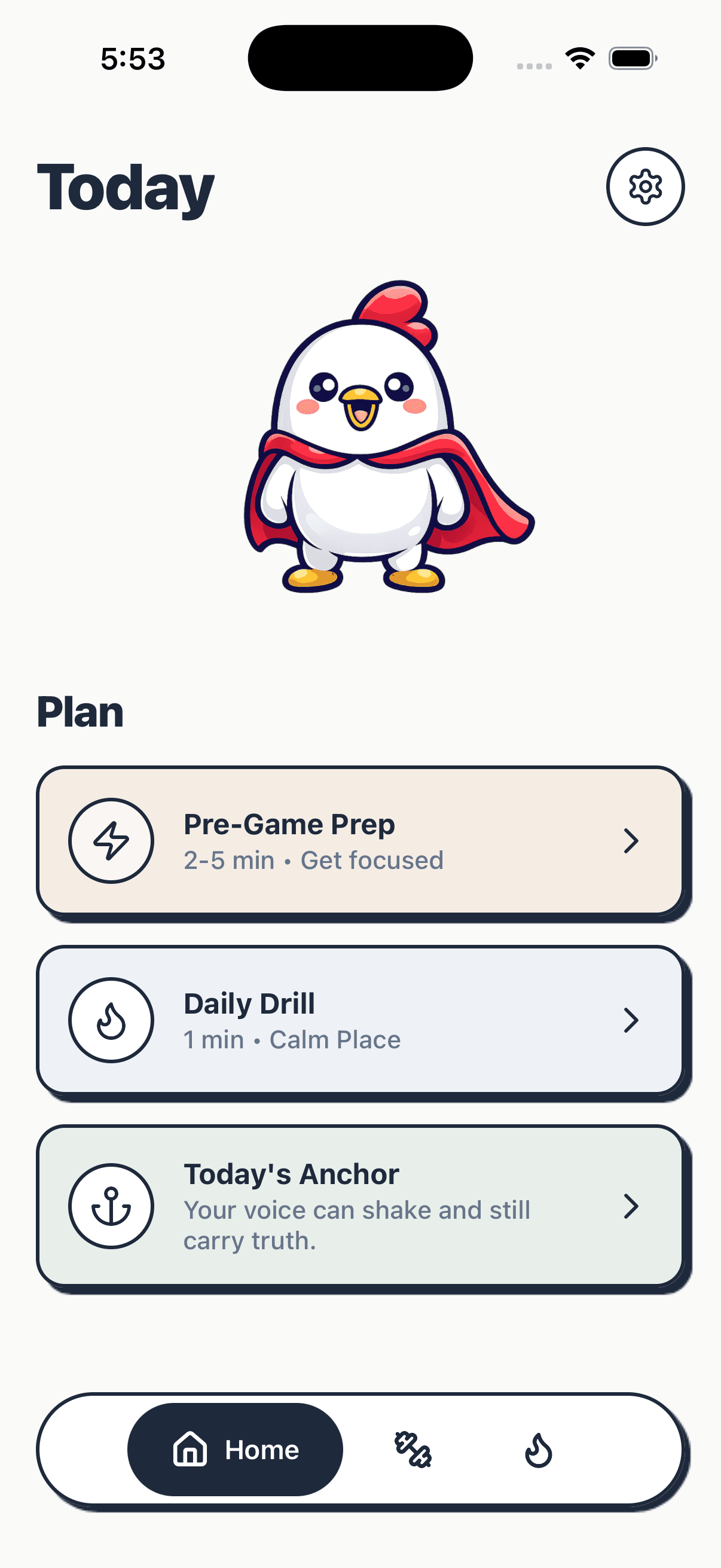 Primo app home screen showing Pre-Game Prep, Daily Drill, and Today's Anchor
