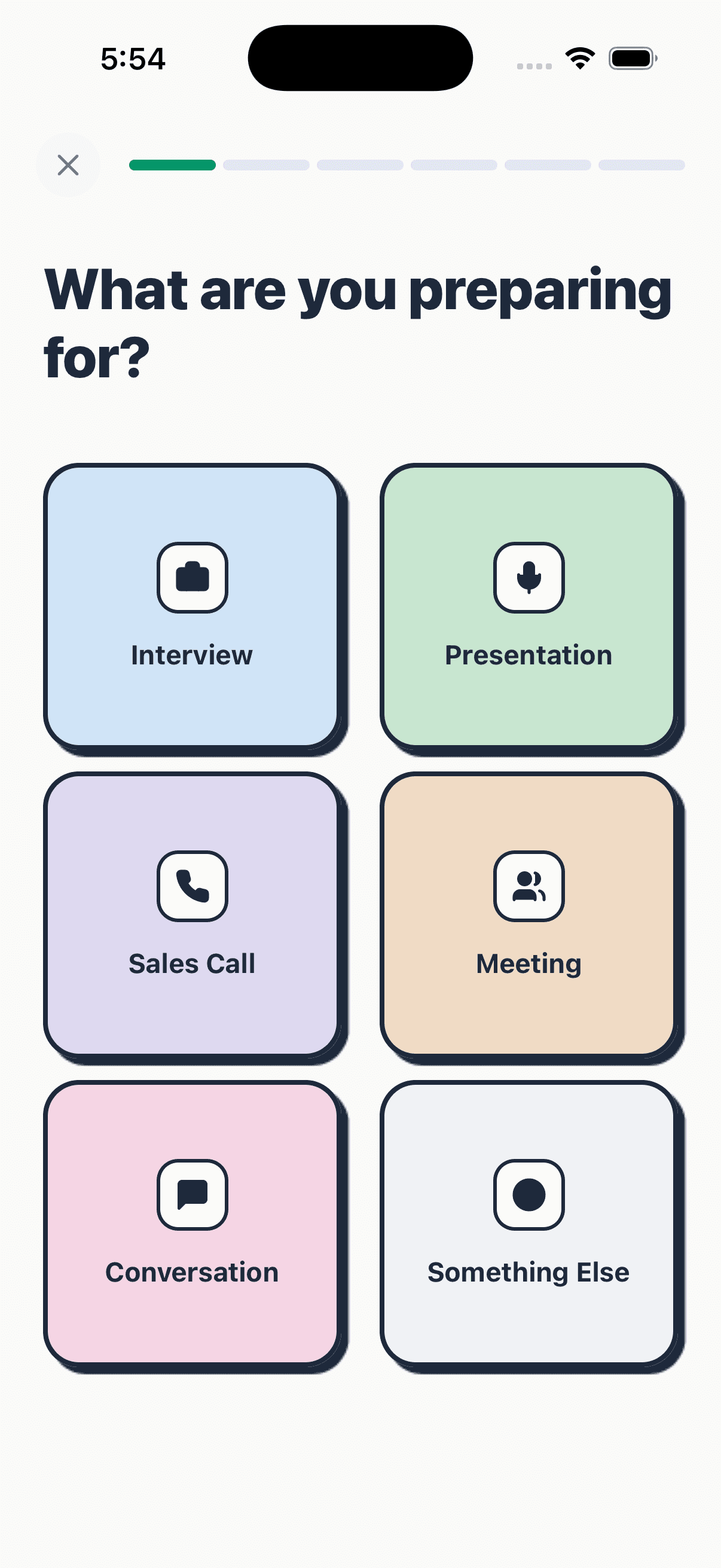 Primo app: choose what you're preparing for — Interview, Presentation, Sales Call, Meeting, Conversation