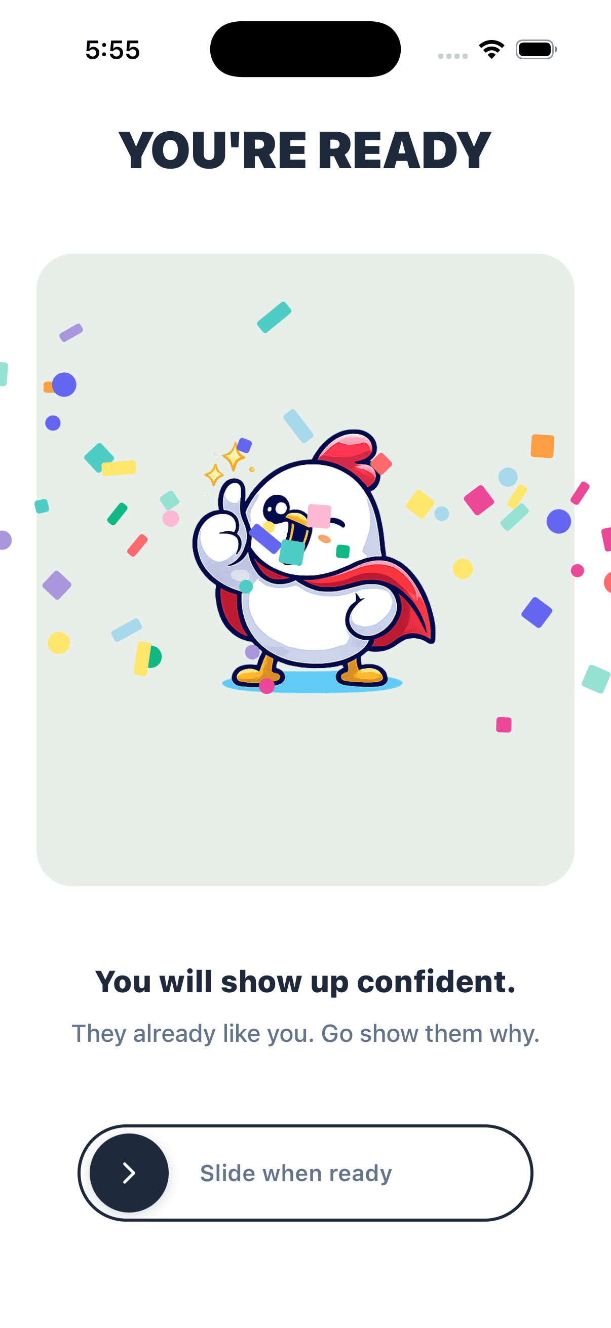 Primo app: You're Ready celebration screen with confetti and encouragement